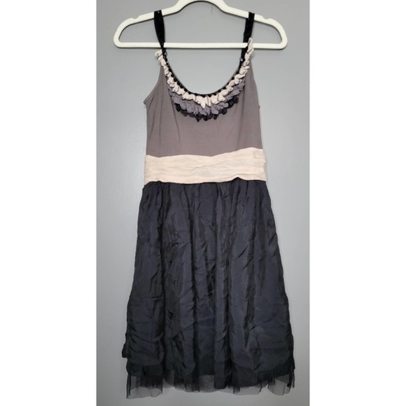 Anthropologie Yoana Baraschi Fit & Flare Tank Dress Gray/Ivory/Black Ruffle Sz 0 - Picture 2 of 6